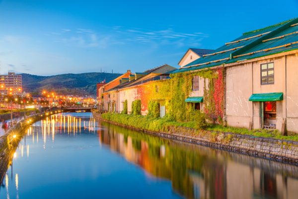 Historic Otaru Canals in Otaru, Hokkaido Prefecture, Japan at twilight.